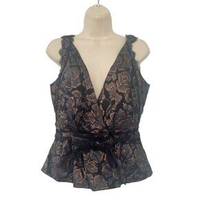 Nina Ricci Womens Sz S Black Gold Metallic Sleeveless Peplum Belted Blouse